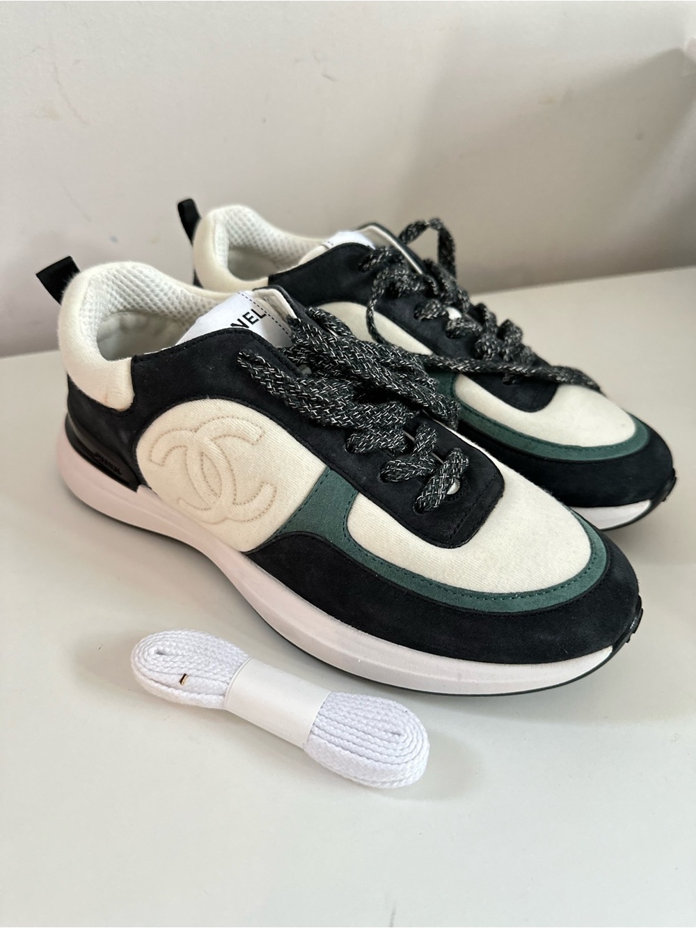 CHANEL Black, White & Green Low-Top Logo Runner Sneakers